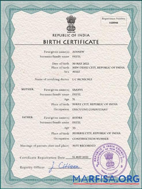 Blank India vital record birth certificate PSD template